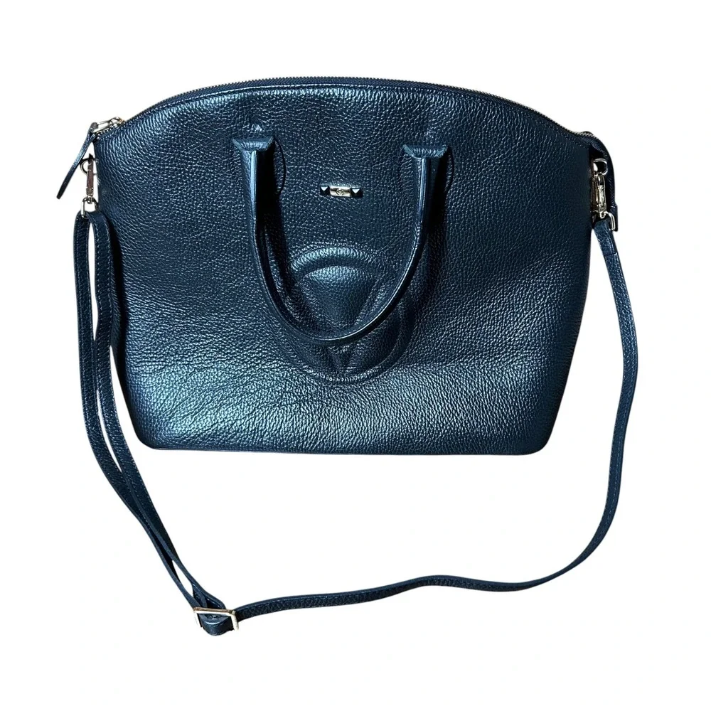 Valentino Mario Valentino Black Pebbled Leather Large Dome Satchel Crossbody Bag